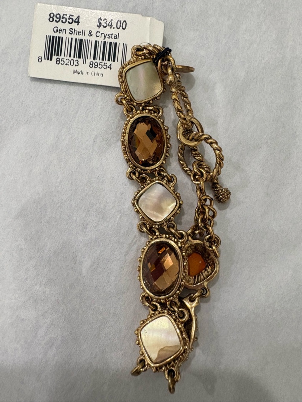 NWT Cookie Lee Genuine Shell & Brown Crystal Gold Tone Toggle